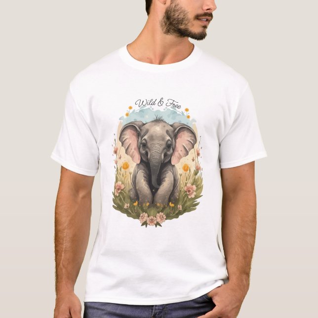 Cute Baby Elephant Calf Wildblomma Wanderlust T Shirt (Framsida)