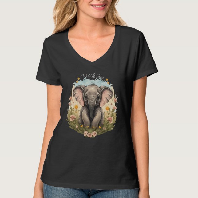 Cute Baby Elephant Calf Wildblomma Wanderlust T Shirt (Framsida)