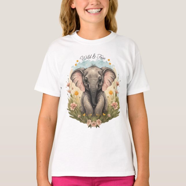 Cute Baby Elephant Calf Wildblomma Wanderlust T Shirt (Framsida)