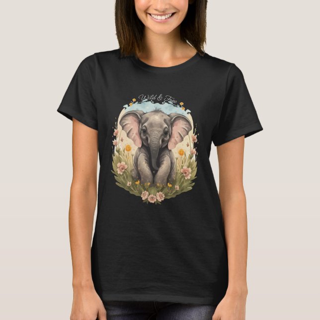 Cute Baby Elephant Calf Wildblomma Wanderlust T Shirt (Framsida)