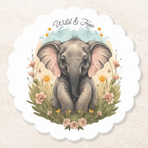 Cute Baby Elephant Calf Wildblomma Wanderlust Underlägg Papper
