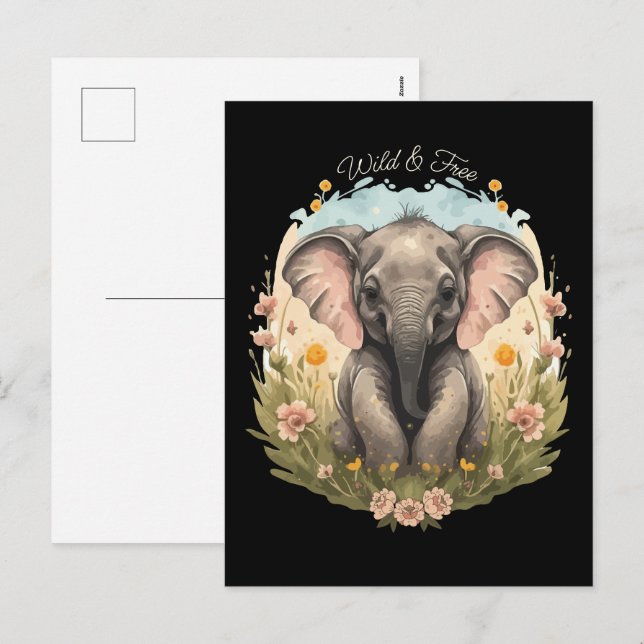 Cute Baby Elephant Calf Wildblomme Wanderlust Post Helg Vykort (Fram/baksida)
