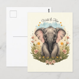 Cute Baby Elephant Calf Wildblomme Wanderlust Post Vykort