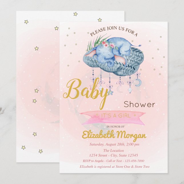 Cute Baby Elephant Cloud,Stars Baby Shower Inbjudningar (Fram/baksida)
