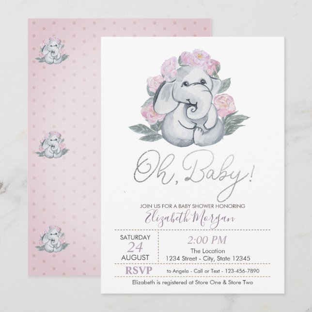 Cute Baby Elephant Dots Blommigt Baby Shower Inbjudningar (Fram/baksida)