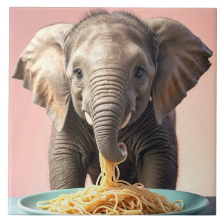 Cute Baby Elephant Eating Spaghetti Kakelplatta