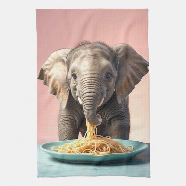 Cute Baby Elephant Eating Spaghetti Kökshandduk (Vertikal)