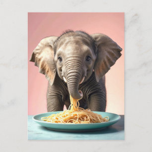 Cute Baby Elephant Eating Spaghetti Vykort