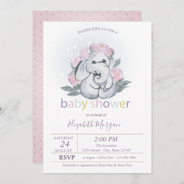 Cute Baby Elephant Flowers Polka dots Baby Shower Inbjudningar (Fram/baksida)