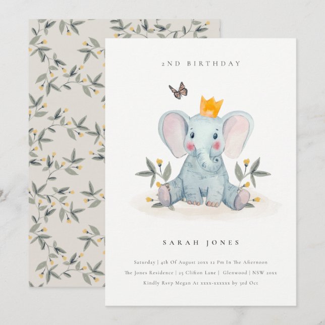 Cute Baby Elephant Foliage any age Birthday Inbjud Tack Kort (Fram/baksida)