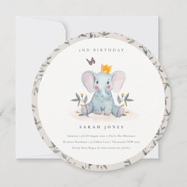 Cute Baby Elephant Foliage any age Birthday Inbjud Tack Kort (Framsida)