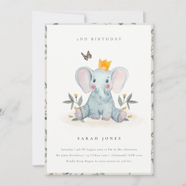 Cute Baby Elephant Foliage any age Birthday Inbjud Tack Kort (Framsida)