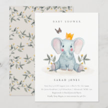 Cute Baby Elephant Foliage Baby Shower Inbjudan