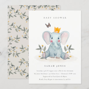 Cute Baby Elephant Foliage Baby Shower Inbjudan