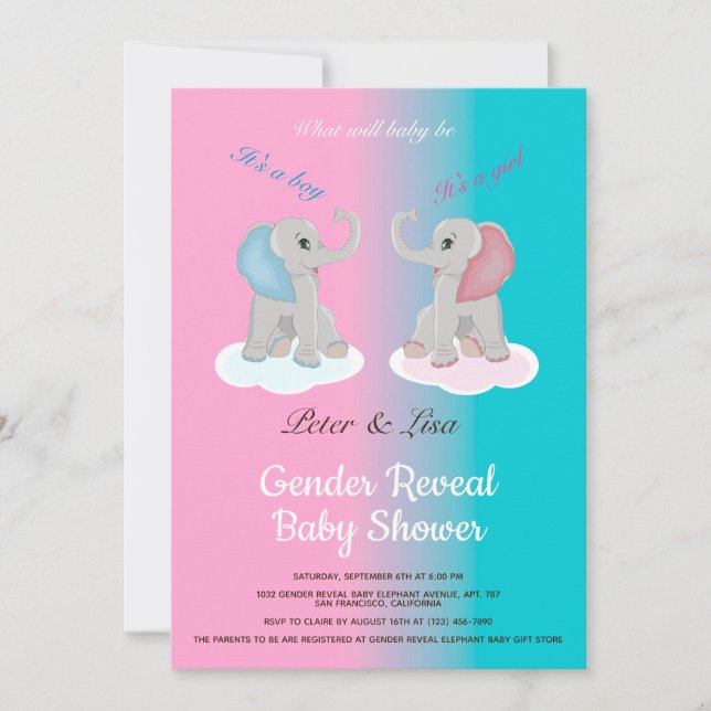 Cute Baby Elephant Gender Reveal Baby Shower Photo Inbjudningar (Framsida)