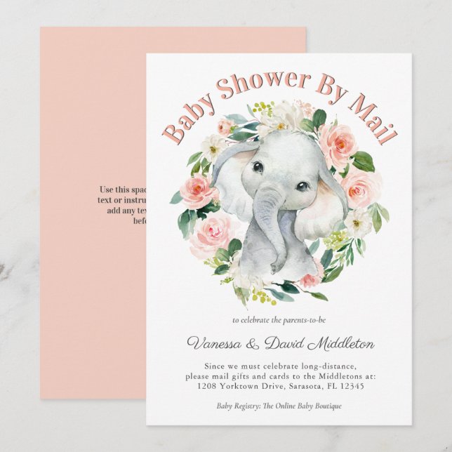Cute Baby Elephant Girl Baby Shower by Mail Inbjudningar (Fram/baksida)