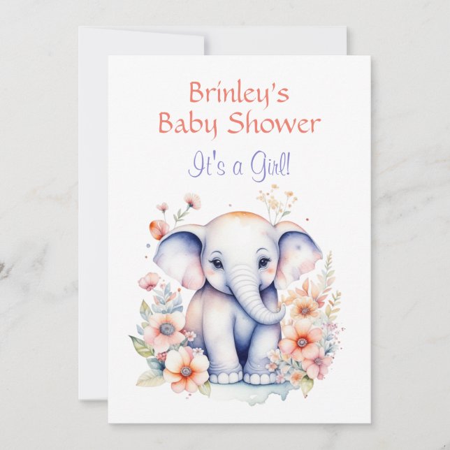 Cute Baby Elephant Girl Baby Shower Inbjudningar (Framsida)