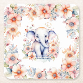 Cute Baby Elephant Girl Baby Shower Underlägg Papper Kvadrat
