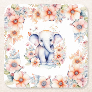 Cute Baby Elephant Girl Baby Shower Underlägg Papper Kvadrat