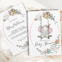 Cute Baby Elephant Girl Blommigt Swing Baby Shower Inbjudningar