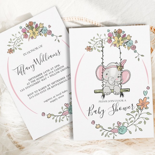 Cute Baby Elephant Girl Blommigt Swing Baby Shower Inbjudningar (Skapare uppladdad)