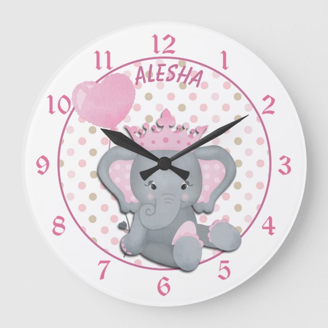 Cute Baby Elephant Girl Princess Large Clock Stor Klocka (Framsida)