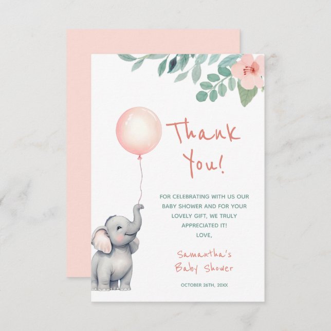 Cute Baby Elephant Girl Rosa Balloon Baby Shower Tack Kort (Fram/baksida)