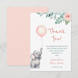 Cute Baby Elephant Girl Rosa Balloon Baby Shower Tack Kort