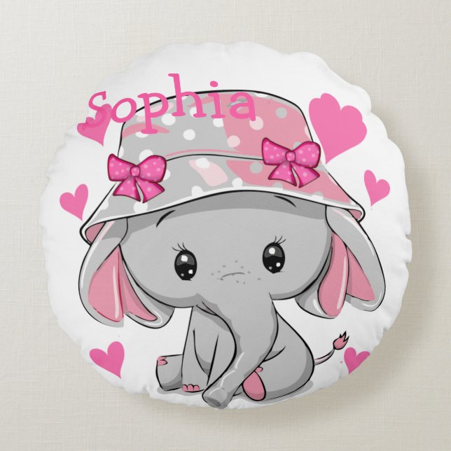 Cute Baby Elephant Girl Rund Kudde (Framsidan)