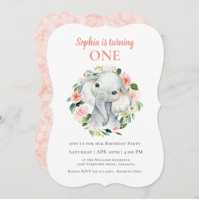 Cute Baby Elephant Girl's First Födelsedagsfest Inbjudningar (Fram/baksida)