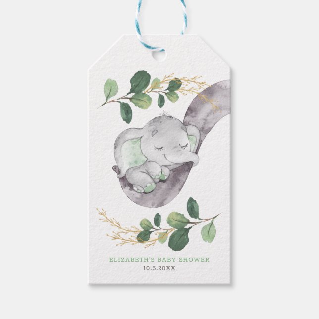 Cute Baby Elephant Greenery Guld Garden Shower Presentetikett (Framsidan)