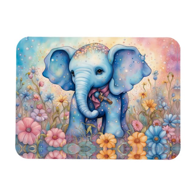 Cute Baby Elephant in a Pastel Daisy Garden Magnet (Horisontell)