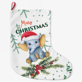 Cute Baby Elephant in Red Santa Hat Stor Julstrumpa