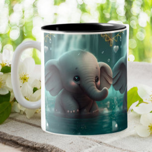 Cute Baby Elephant leker i vatten Nursery Art Två-Tonad Mugg