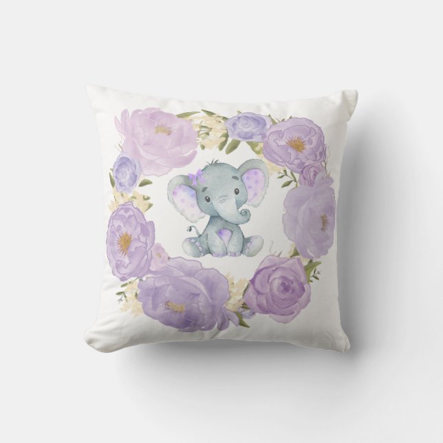 Cute Baby Elephant Lila Blommigt Girl Nursery Kudde (Framsida)