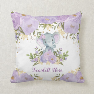 Cute Baby Elephant Lila Blommigt Girl Nursery Kudde