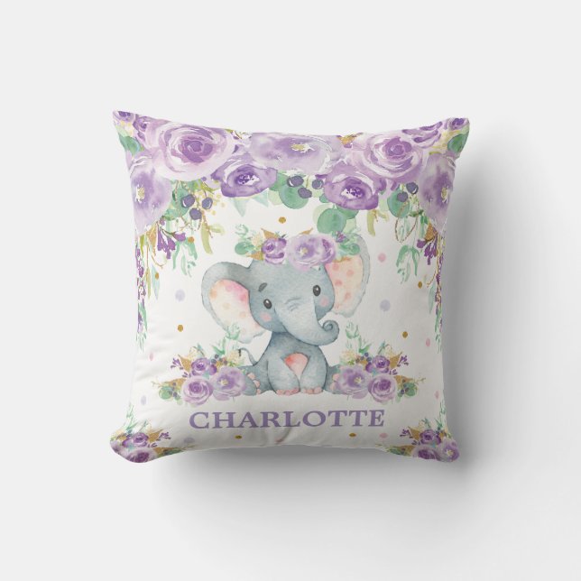 Cute Baby Elephant Lila Blommigt Girl Nursery Kudde (Framsida)