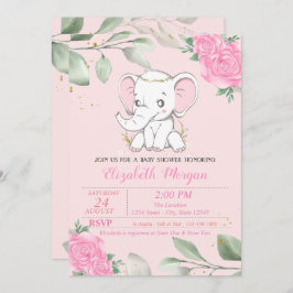 Cute Baby Elephant, Löv, Blommigt Baby Shower Inbjudningar