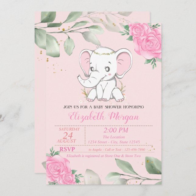 Cute Baby Elephant, Löv, Blommigt Baby Shower Inbjudningar (Fram/baksida)