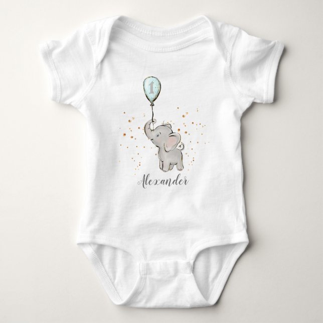 Cute Baby Elephant med Balloon 1:a födelsedag T Shirt (Framsida)