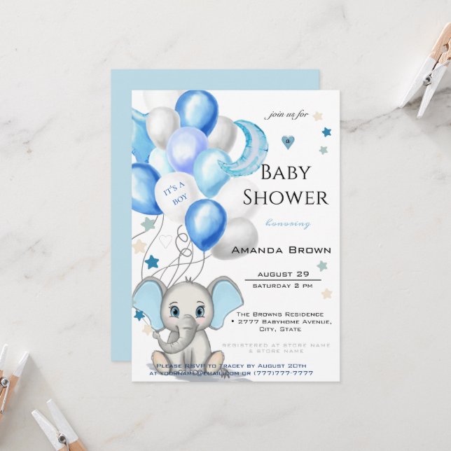 Cute Baby Elephant med Balloons Boy Shower Inbjudningar (Fram/Back In Situ)