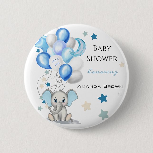 Cute Baby Elephant med Balloons Boy Shower Knapp (Framsida)