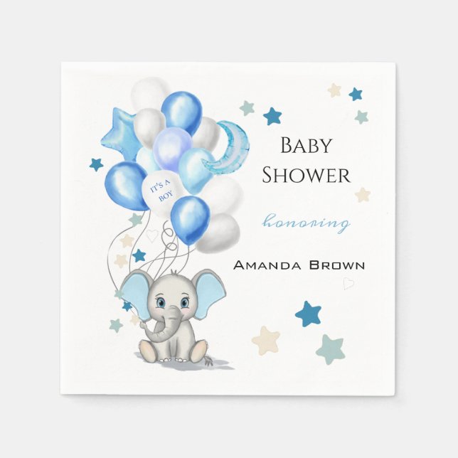 Cute Baby Elephant med Balloons Boy Shower Pappersservett (Framsidan)