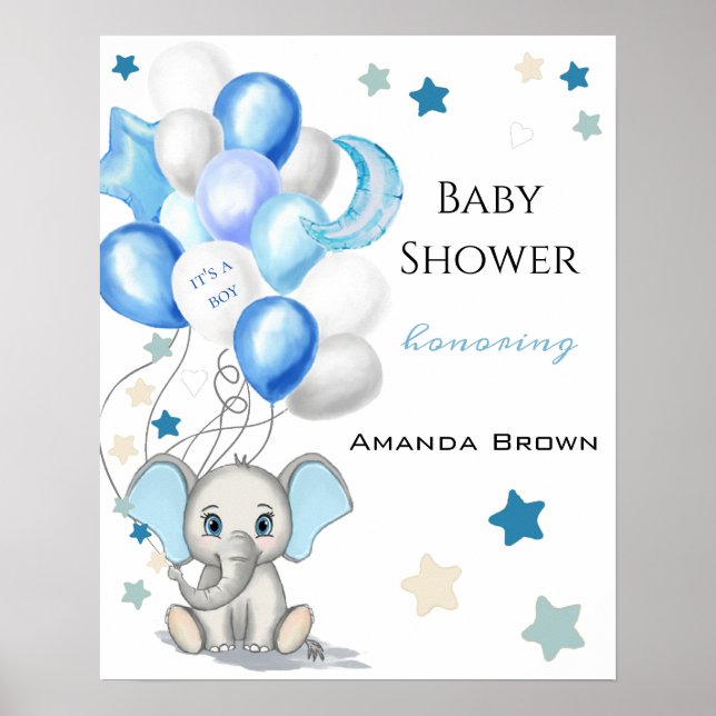 Cute Baby Elephant med Balloons Boy Shower Poster (Framsidan)