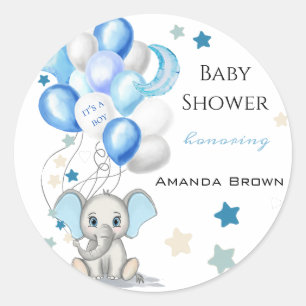 Cute Baby Elephant med Balloons Boy Shower Runt Klistermärke