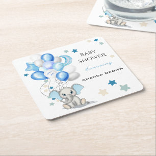 Cute Baby Elephant med Balloons Boy Shower Underlägg Papper Kvadrat