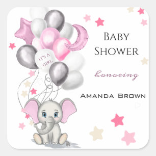 Cute Baby Elephant med Balloons Girl Baby Shower Fyrkantigt Klistermärke