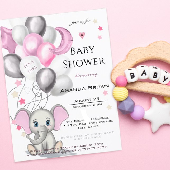 Cute Baby Elephant med Balloons Girl Baby Shower Inbjudan Vykort (Skapare uppladdad)