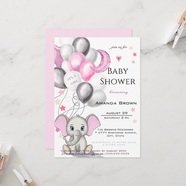 Cute Baby Elephant med Balloons Girl Baby Shower Inbjudningar (Fram/Back In Situ)