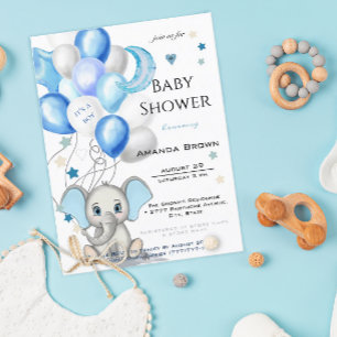 Cute Baby Elephant med Balloons Pojke Shower Inbjudan Vykort